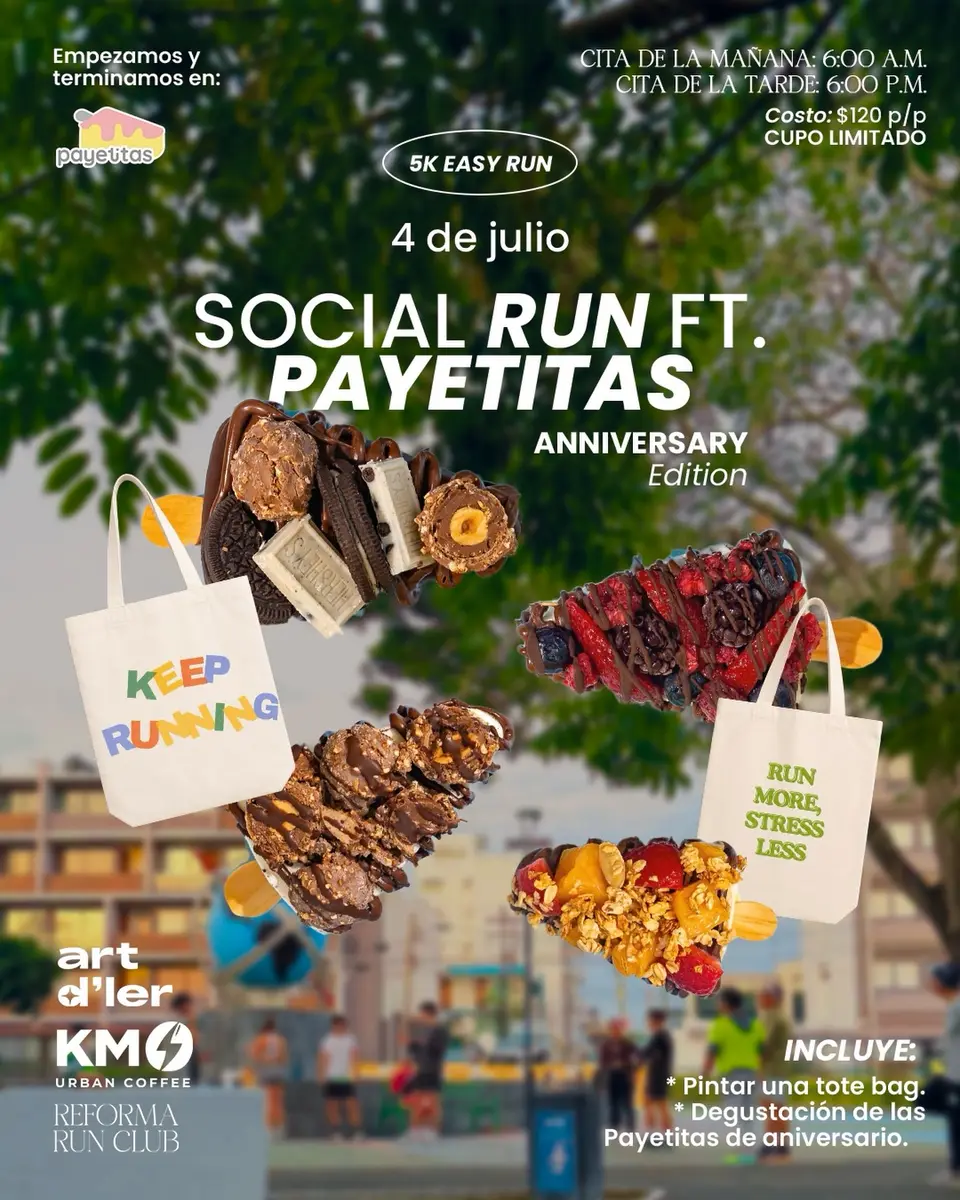 Cartel del evento «Social Run FT» con @payetitas, @art.dler, @km0coffee.mx, publicado el 2 de julio de 2026.