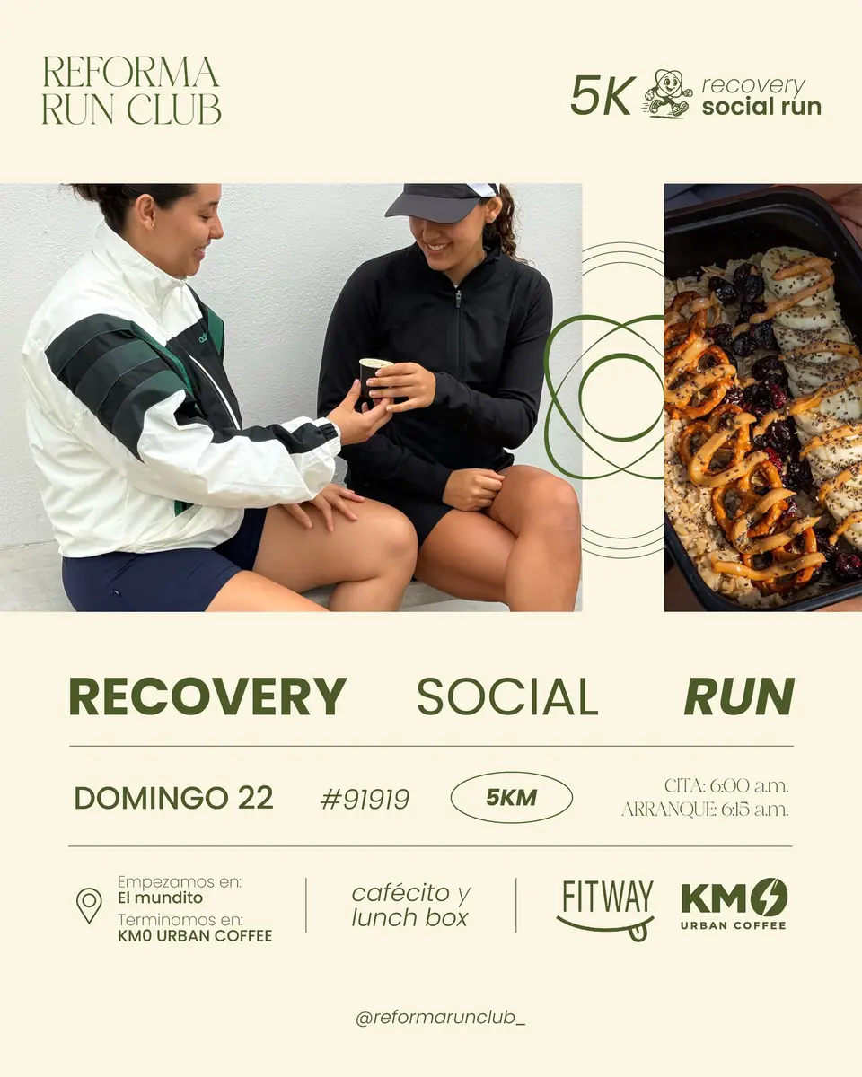 Cartel del evento «¡Más vale tarde pero seguro! Nos vemos este domingo para una recovery run porque sabemo» con @km0coffee.mx, @fitway.mx, publicado el 20 de marzo de 2026.