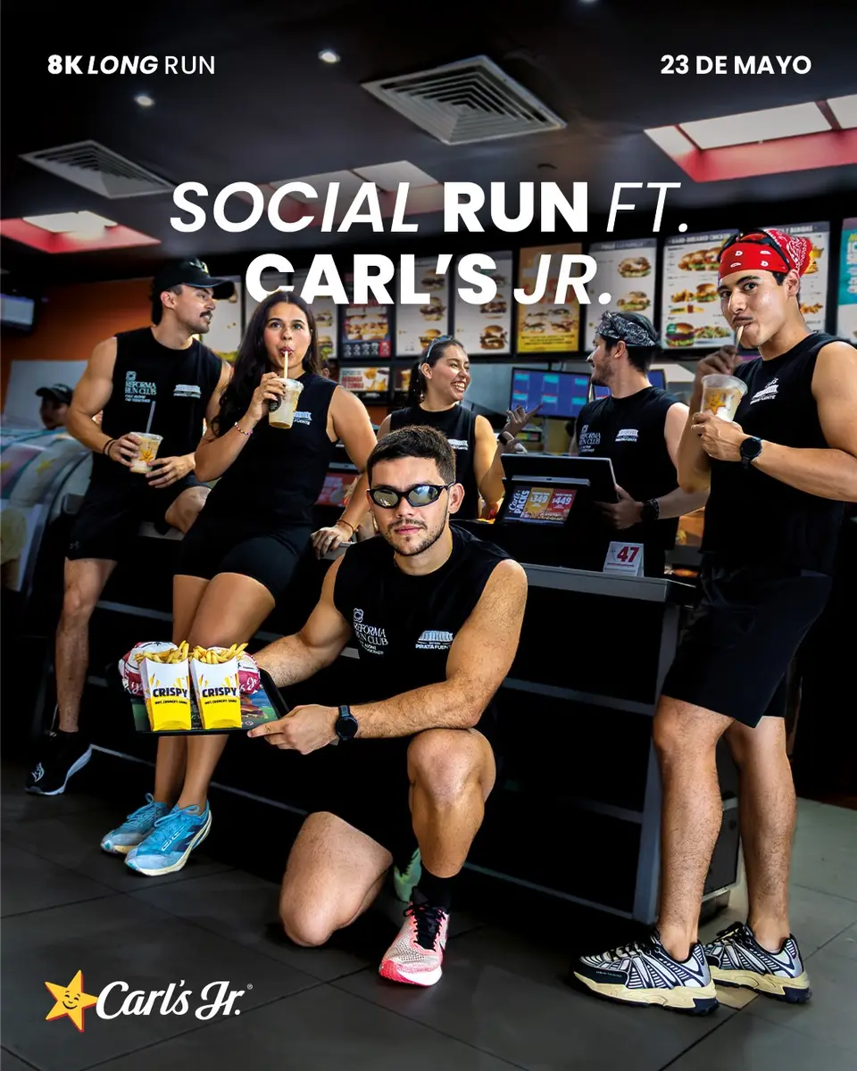 Cartel del evento «Reforma Run Club en Run for burgers» con @carlsjrmex, publicado el 13 de mayo de 2026.