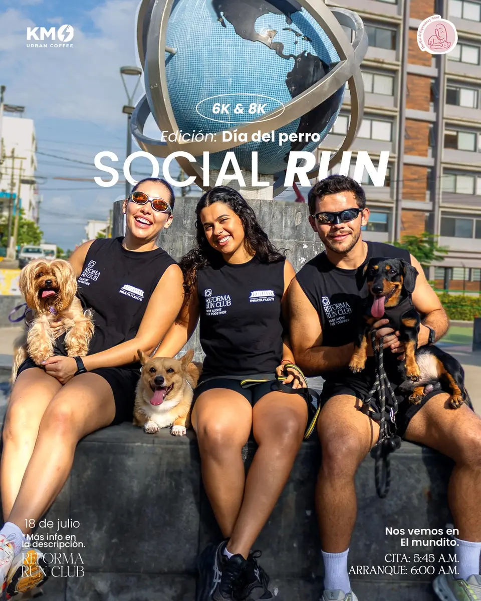 Cartel del evento «Social Run (Día del perro)» con @huellasdeesperanzayamor, @km0coffee.mx, publicado el 13 de julio de 2026.