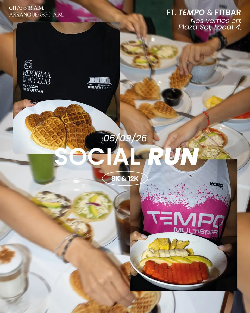 Cartel del evento «Social Run ft» con @tempo.multisportmx, @fitbar_ver, publicado el 31 de agosto de 2026.