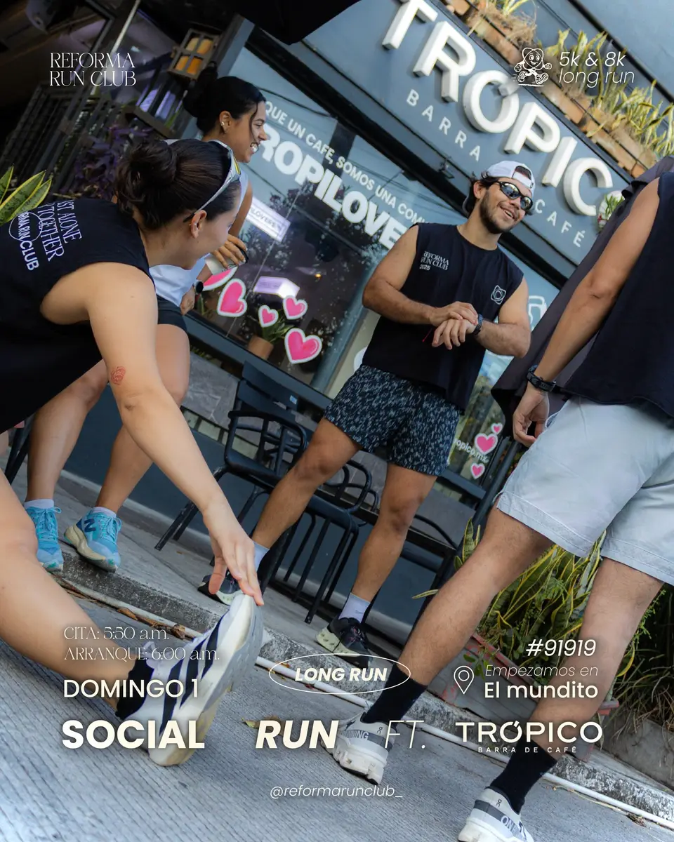 Cartel del evento «Te esperamos este domingo para echarnos un cafecito junto a después de correr» con @tropico.mx, publicado el 25 de febrero de 2026.