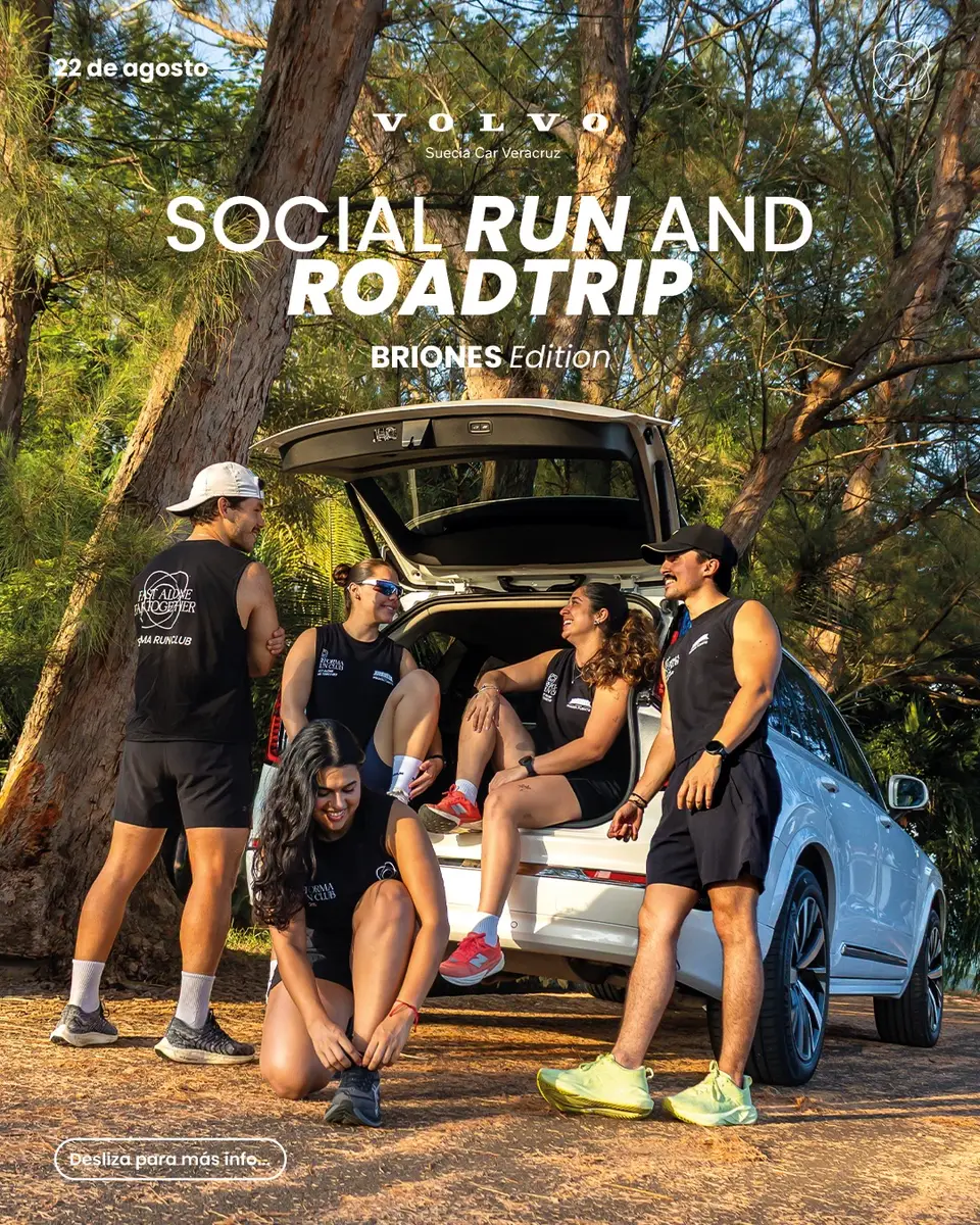 Cartel del Social Run and Roadtrip edición Briones: el grupo posando en la cajuela abierta de una camioneta Volvo en el bosque.