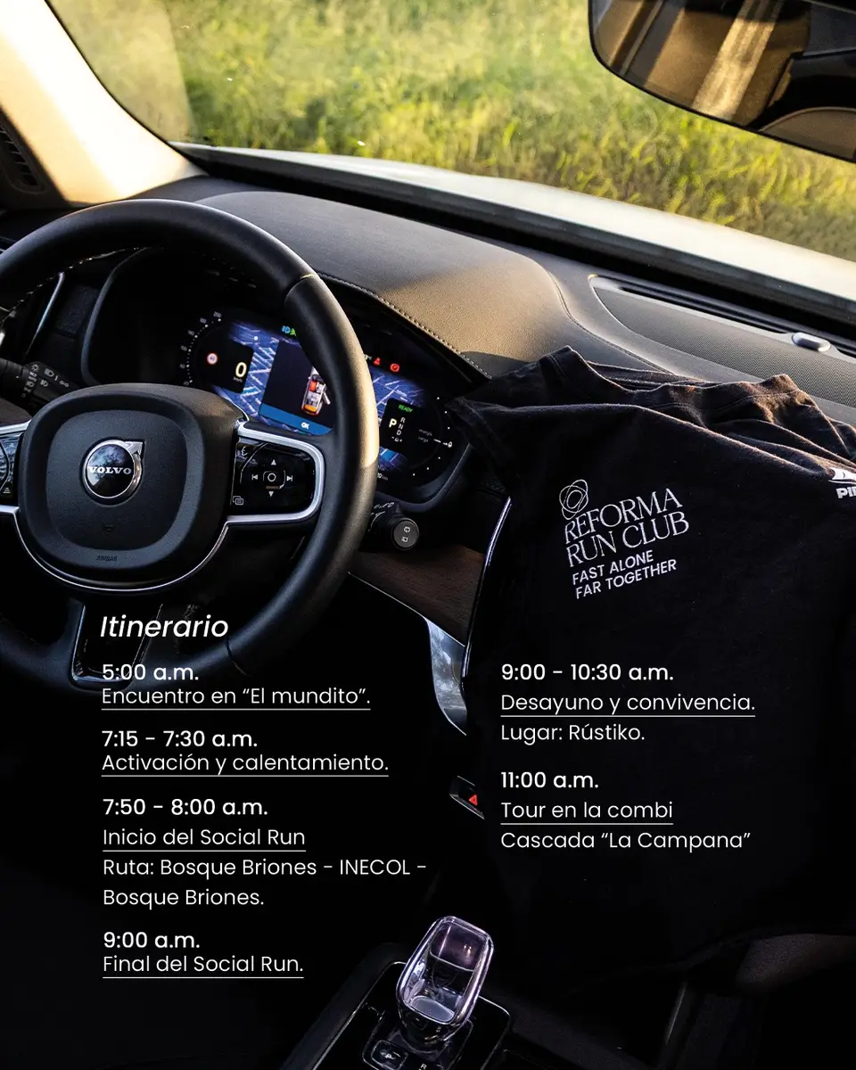 Pieza del roadtrip con el itinerario del día sobre la foto del tablero de la camioneta: encuentro a las 5 en El Mundito y cierre a las 9.
