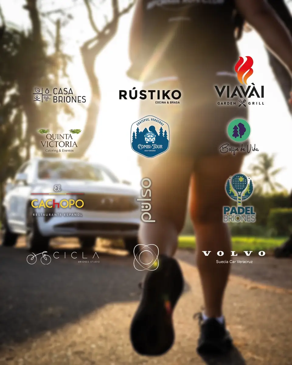 Pieza de agradecimiento con los logos de las marcas que patrocinaron el roadtrip, sobre la foto de unas piernas corriendo.